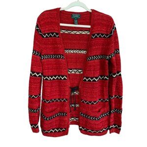 Lauren by Ralph‎ Lauren Red Aztec Southwestern Medium Hand Knit Sweater Cardigan
